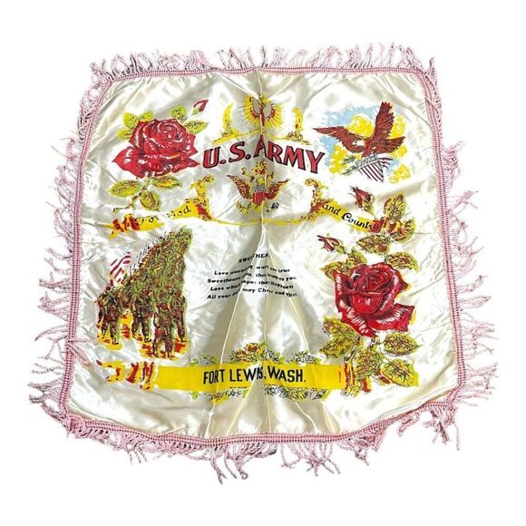Vintage U.S. Army Silk Pillowcase Fringe Fort Lewis WA  "Sweetheart" Poem Fringe - Picture 1 of 5